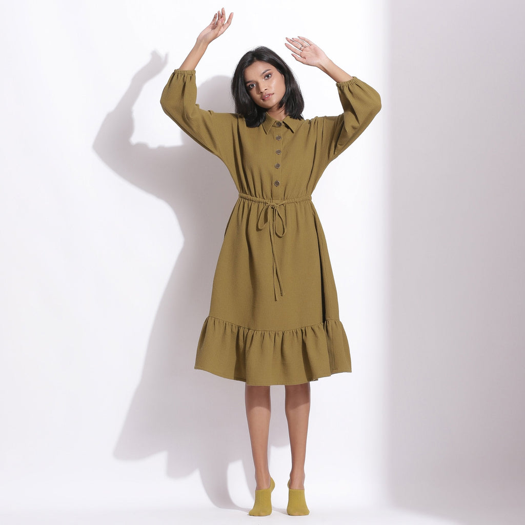 Front View of a Model wearing Olive Green Warm Cotton Waffle Knee Length Dress