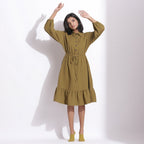 Front View of a Model wearing Olive Green Warm Cotton Waffle Knee Length Dress