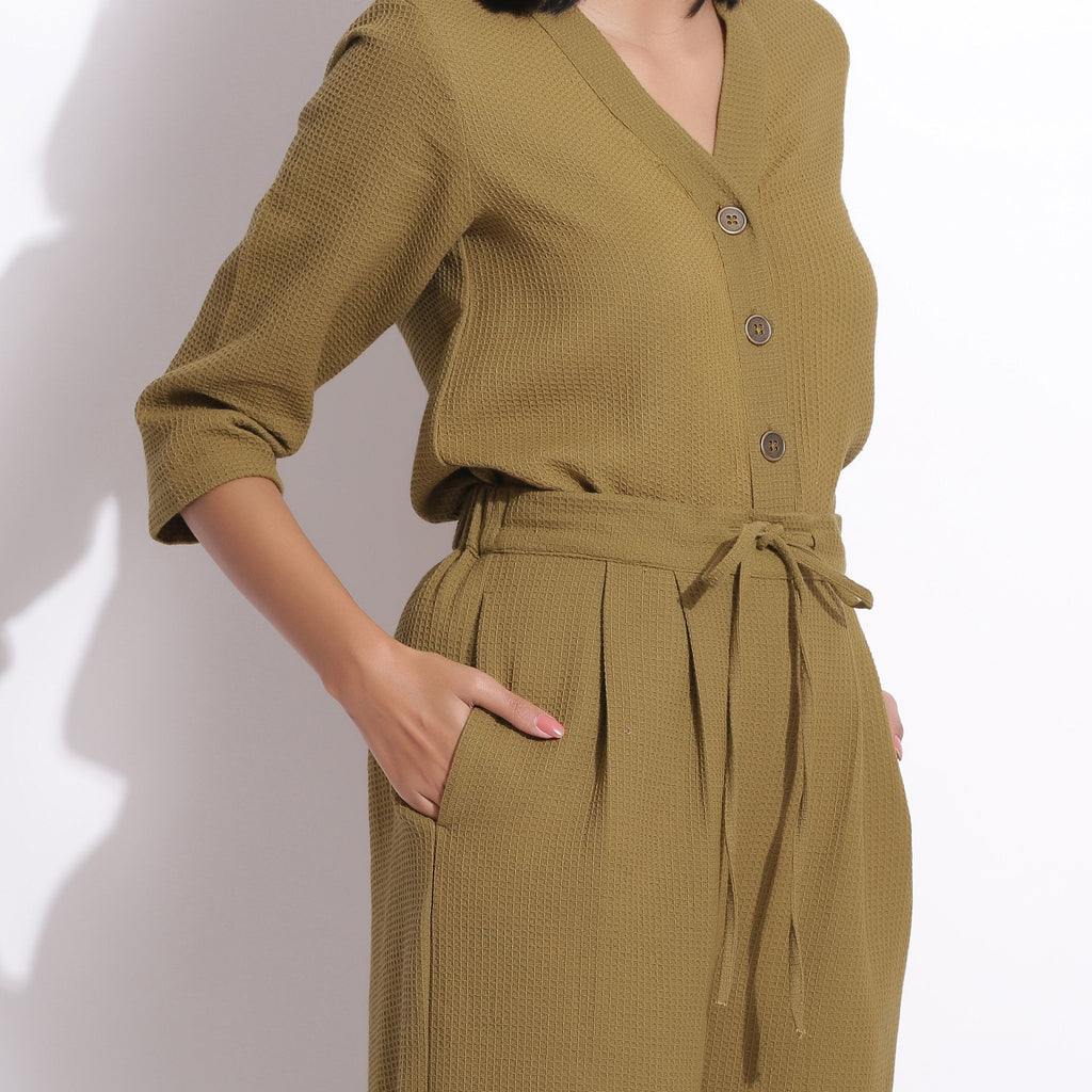 Front Detail of a Model wearing Olive Green Warm Cotton Waffle Button-Down Top