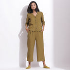 Front View of a Model wearing Olive Green Warm Cotton Waffle Button-Down Top