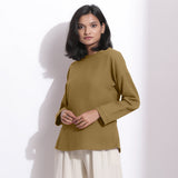 Front View of a Model wearing Olive Green Cotton Waffle Drop Shoulder Top