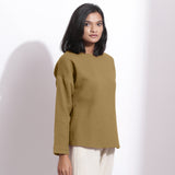 Right View of a Model wearing Olive Green Cotton Waffle Drop Shoulder Top