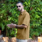 Olive Green Cotton Waffle Flat Collar Polo T-Shirt