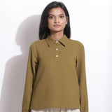 Front View of a Model wearing Olive Green Cotton Waffle Polo Shirt