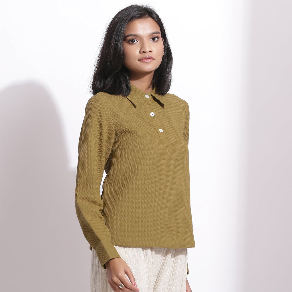 Right View of a Model wearing Olive Green Cotton Waffle Polo Shirt