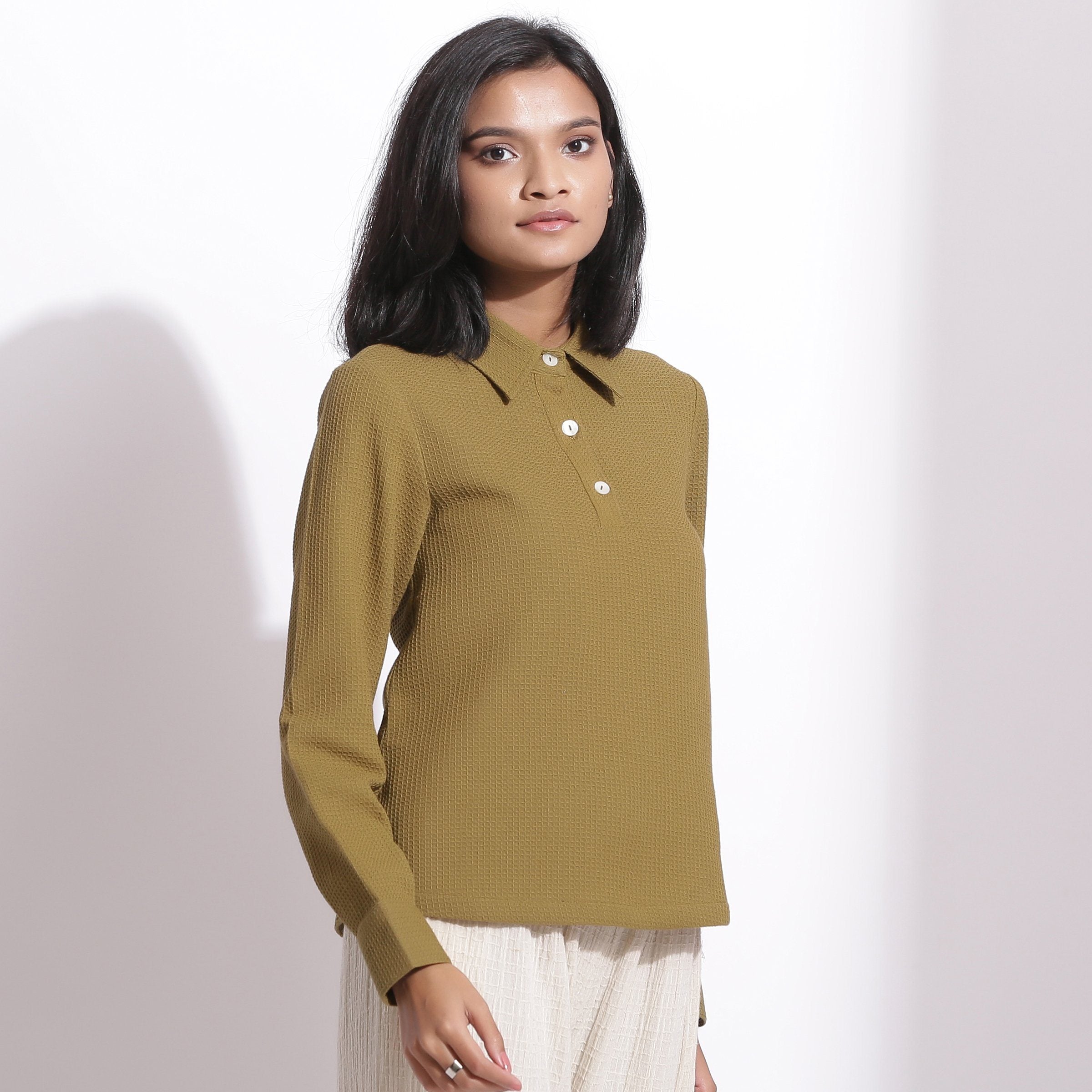 Right View of a Model wearing Olive Green Cotton Waffle Polo Shirt