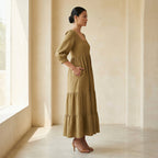 Olive Green Cotton Waffle Square Neck Tiered Midi Dress