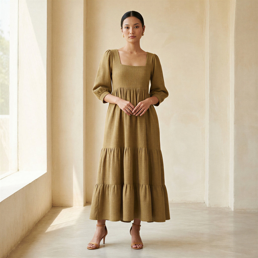 Olive Green Cotton Waffle Square Neck Tiered Midi Dress