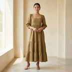 Olive Green Cotton Waffle Square Neck Tiered Midi Dress