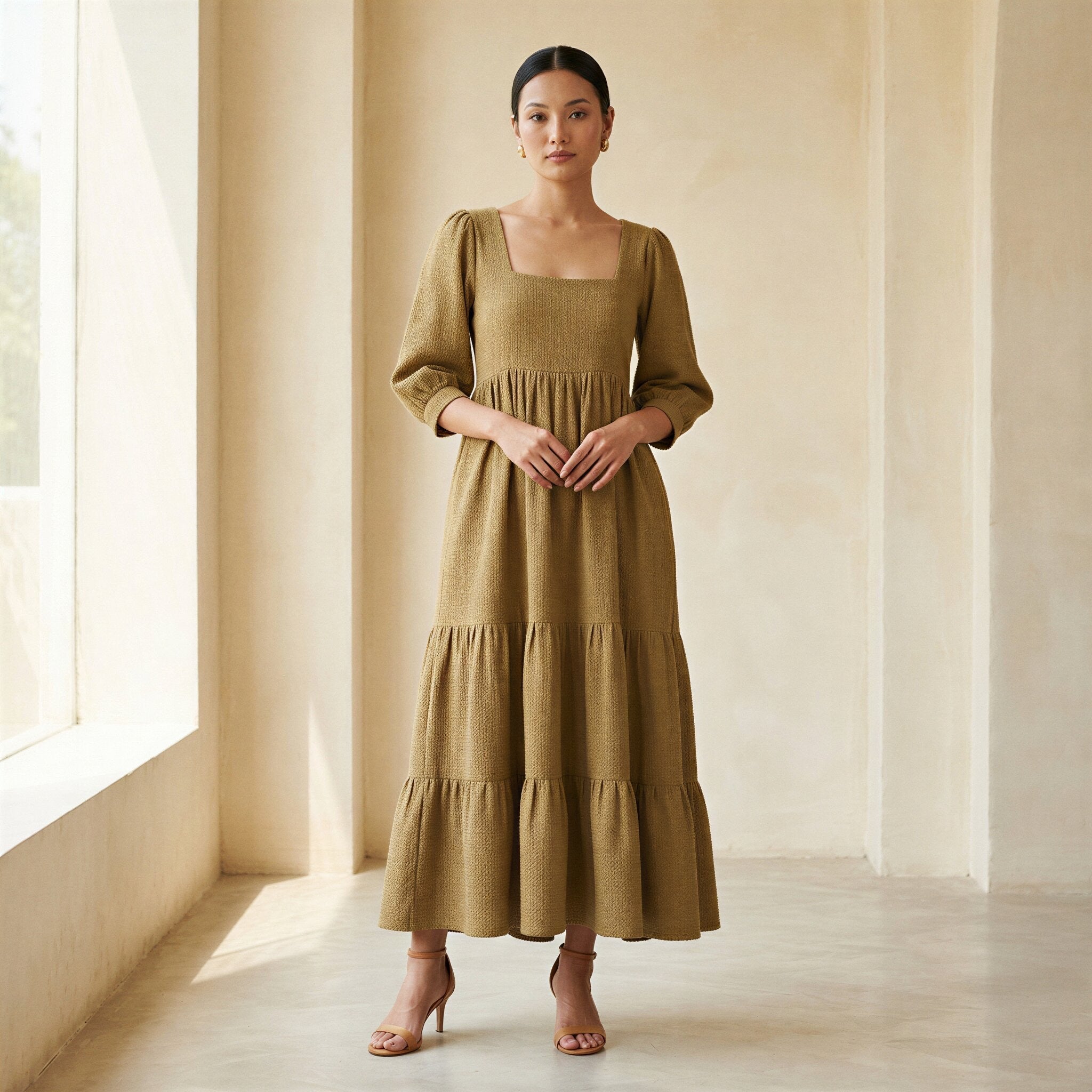 Olive Green Cotton Waffle Square Neck Tiered Midi Dress