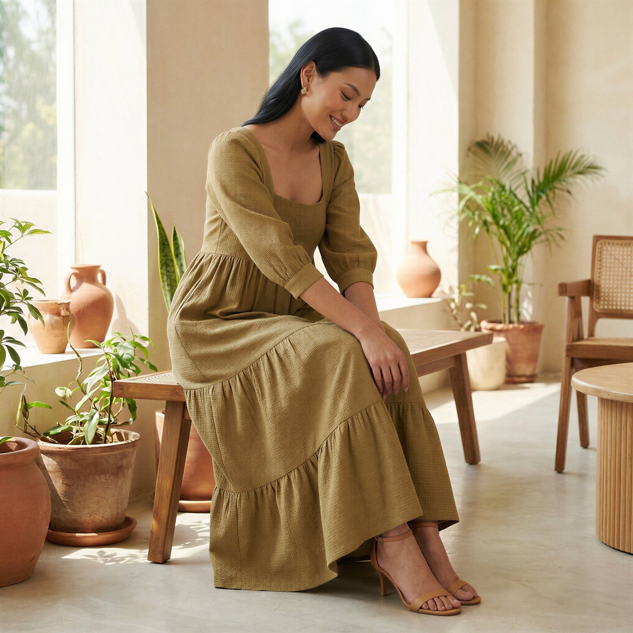 Olive Green Cotton Waffle Square Neck Tiered Midi Dress