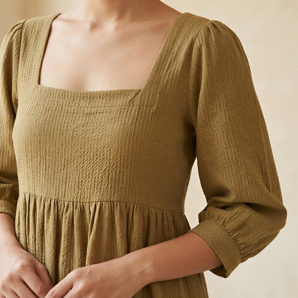 Olive Green Cotton Waffle Square Neck Tiered Midi Dress