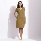 Front View of a Model wearing Olive Green Cotton Waffle V-Neck Dress