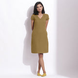 Front View of a Model wearing Olive Green Cotton Waffle V-Neck Dress