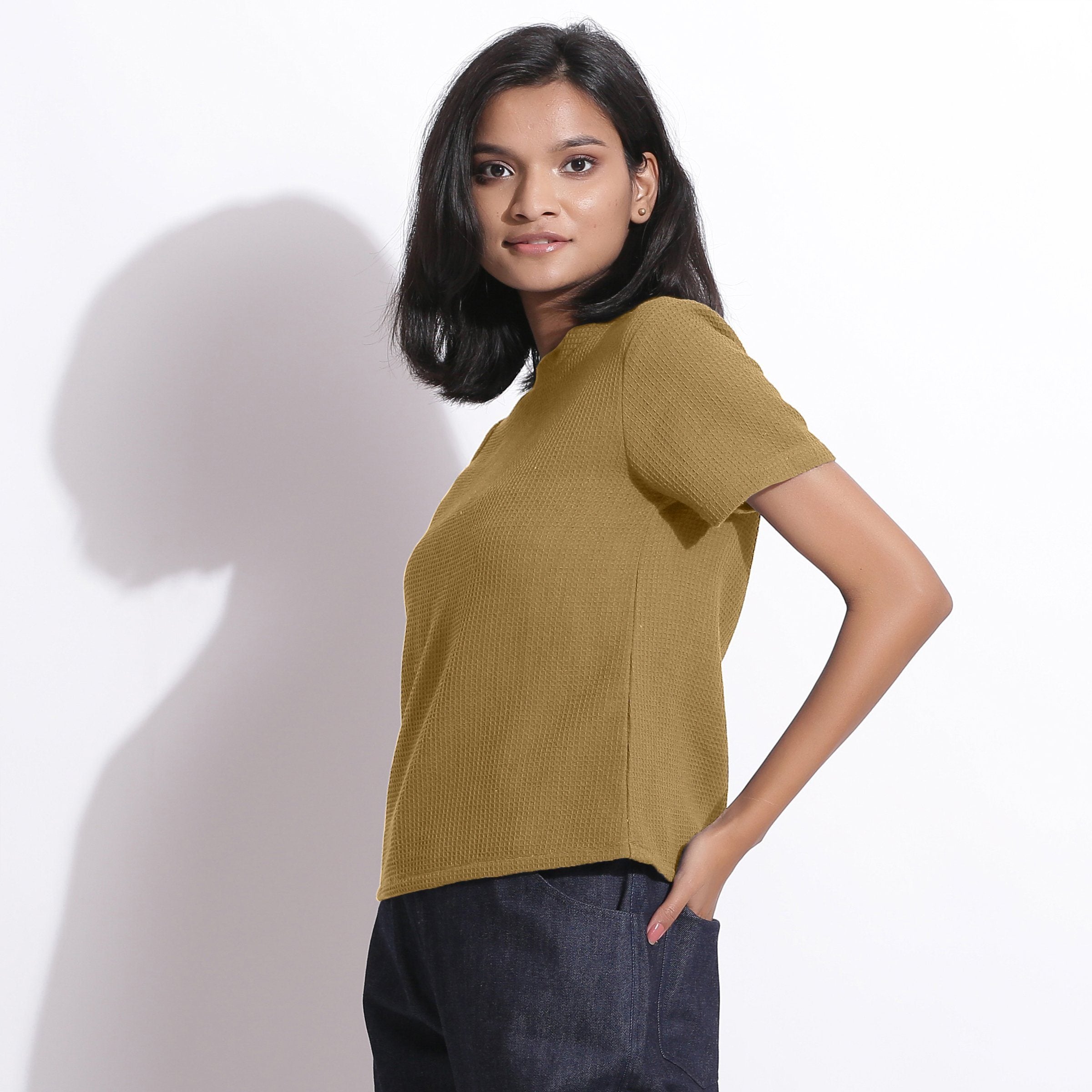 Left View of a Model wearing Olive Green Cotton Waffle Woven T-Shirt