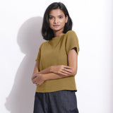 Left View of a Model wearing Olive Green Cotton Waffle Woven T-Shirt