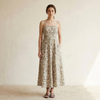 Olive Green Floral Block Print Cotton Ankle Length Flared Sundress