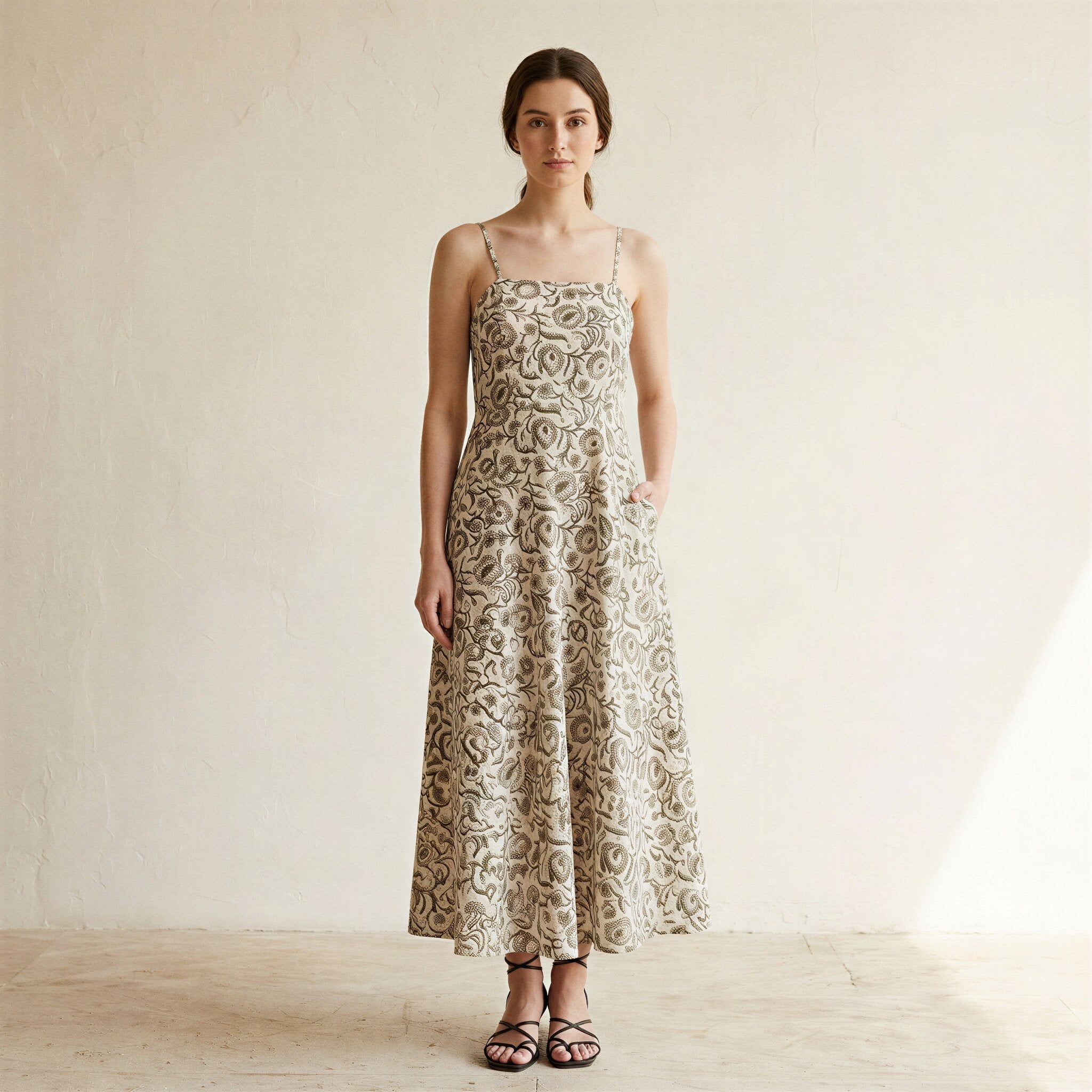 Olive Green Floral Block Print Cotton Ankle Length Flared Sundress