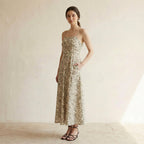 Olive Green Floral Block Print Cotton Ankle Length Flared Sundress