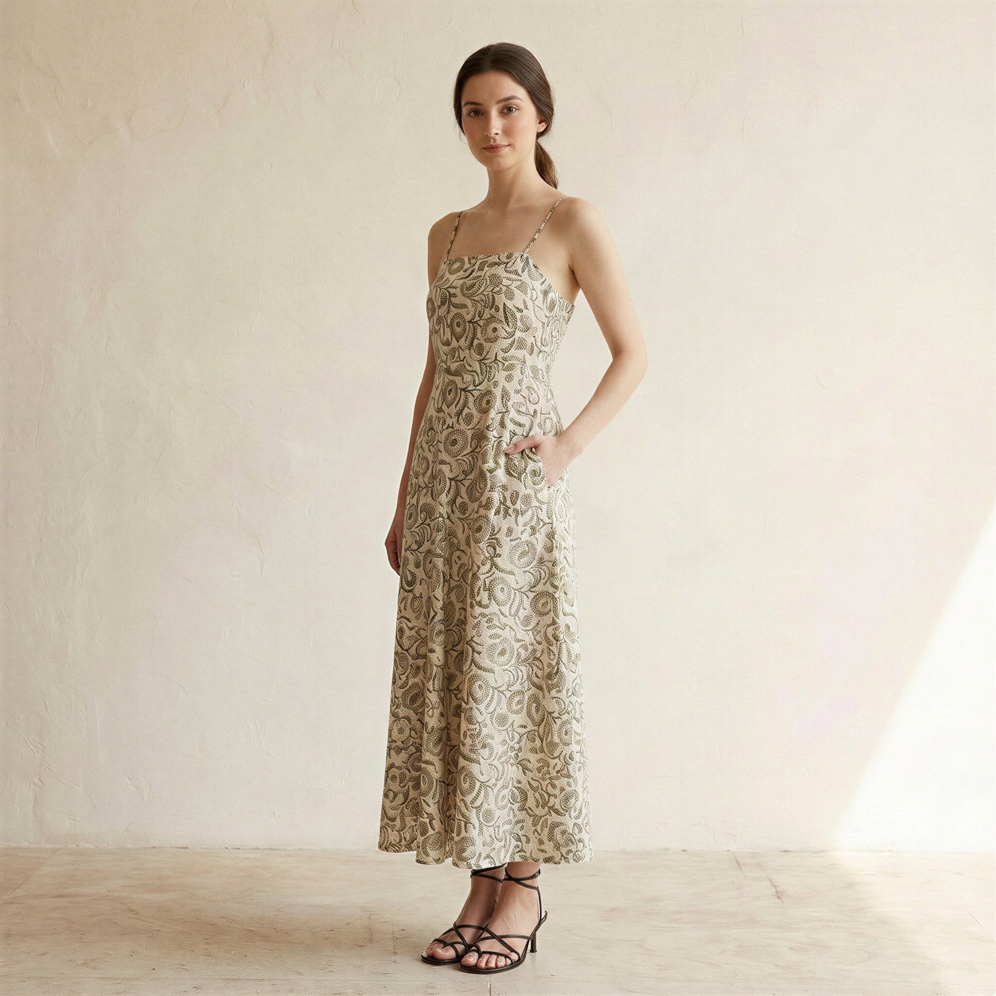 Olive Green Floral Block Print Cotton Ankle Length Flared Sundress