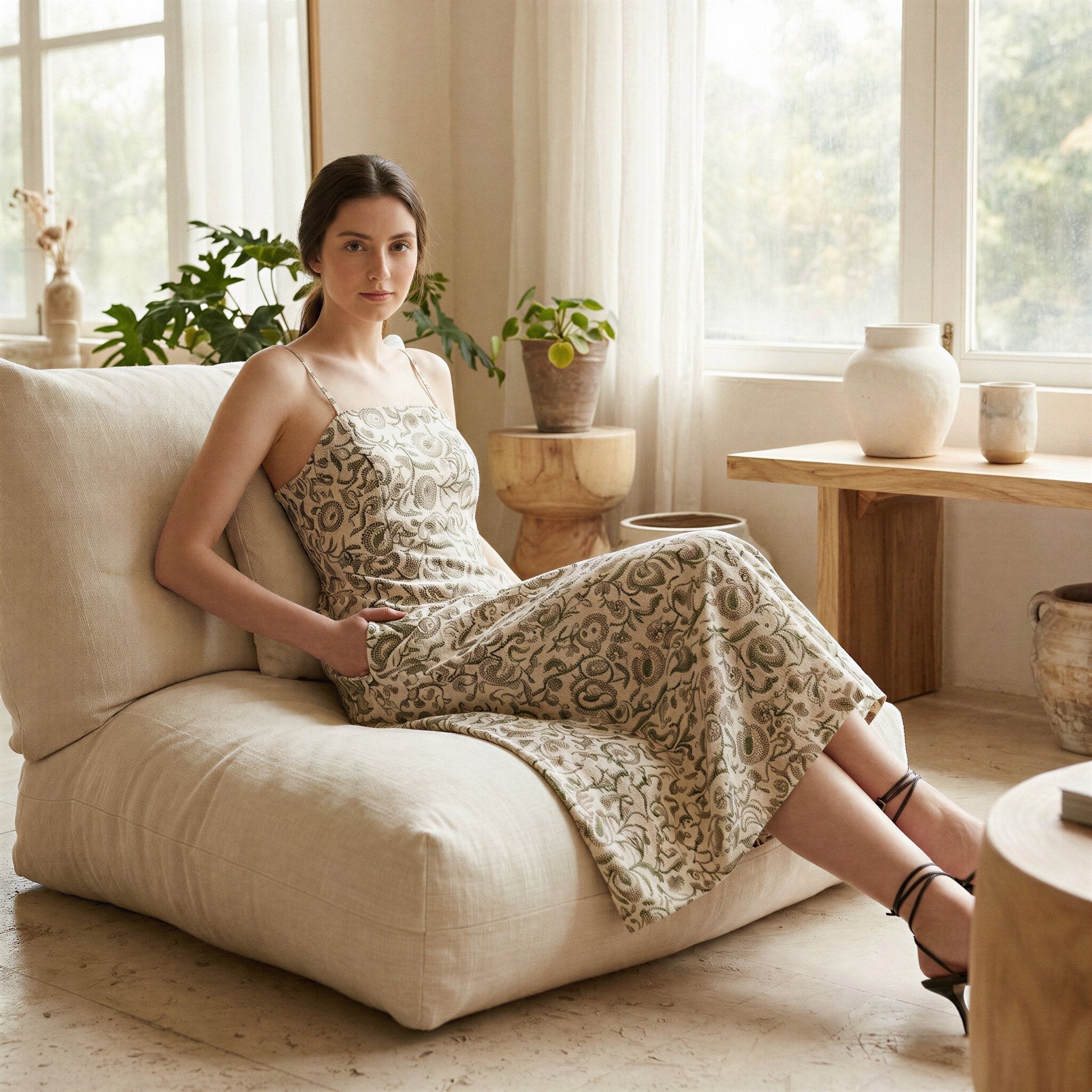 Olive Green Floral Block Print Cotton Ankle Length Flared Sundress
