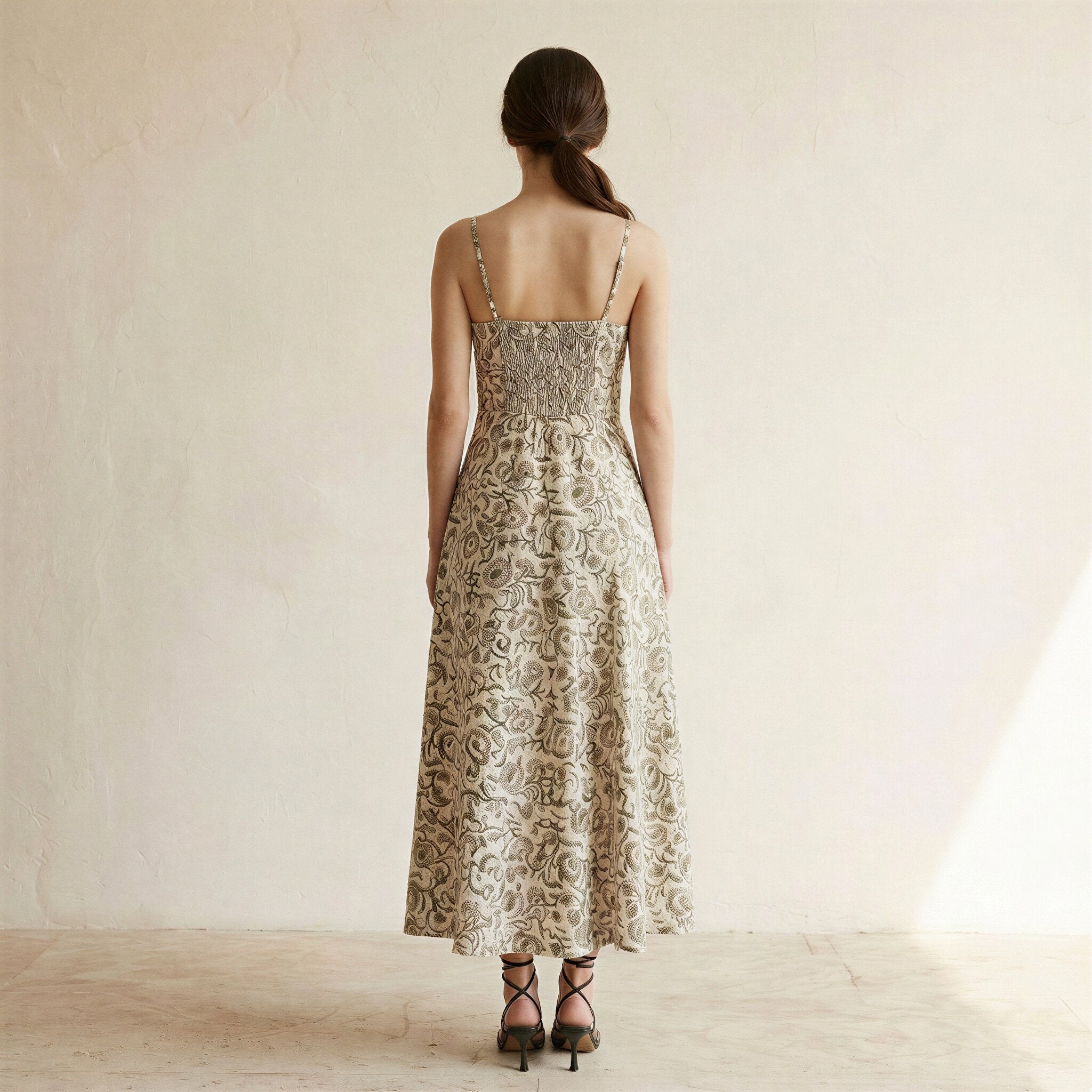 Olive Green Floral Block Print Cotton Ankle Length Flared Sundress