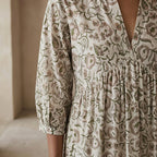 Olive Green Floral Block Print Cotton Deep-V Maxi Tier Dress