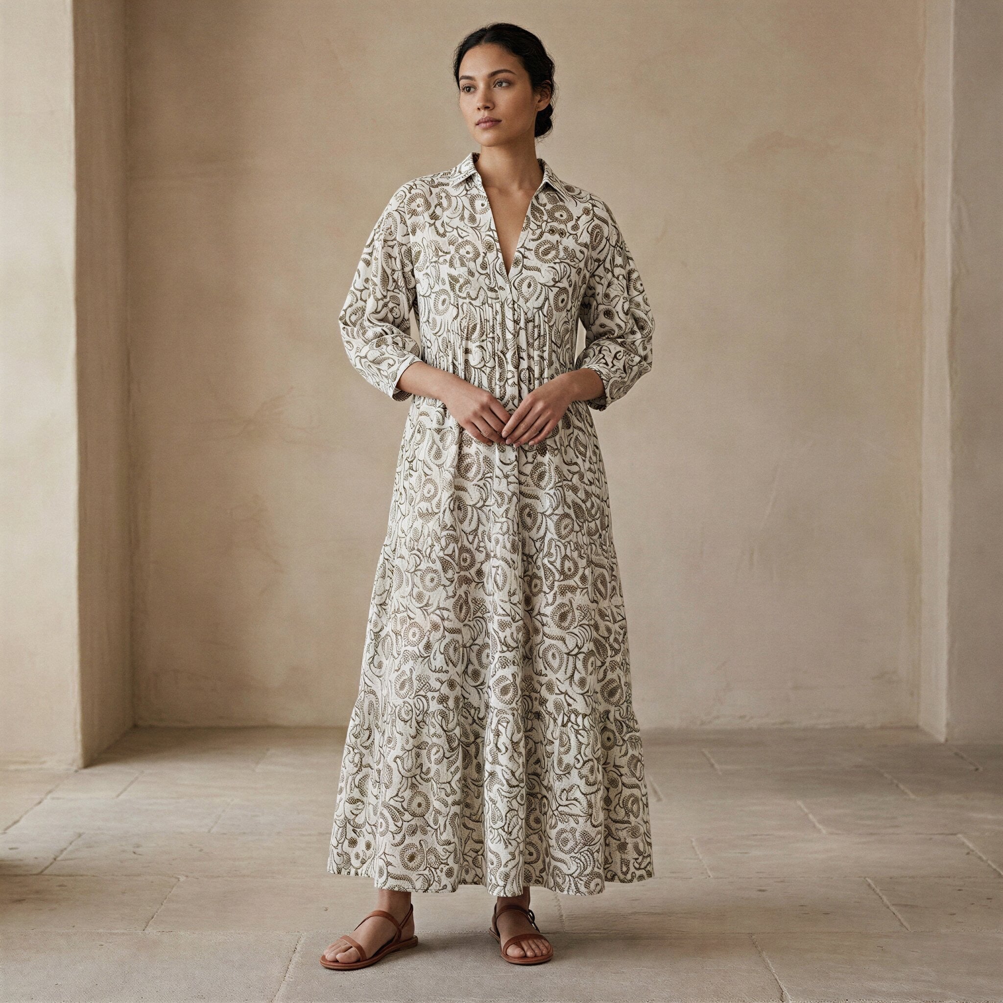 Olive Green Floral Block Print Cotton Deep-V Maxi Tier Dress