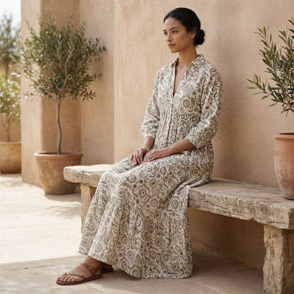 Olive Green Floral Block Print Cotton Deep-V Maxi Tier Dress
