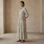 Olive Green Floral Block Print Cotton Deep-V Maxi Tier Dress