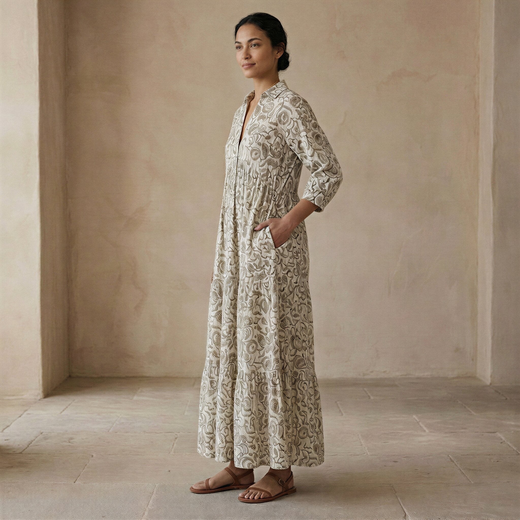 Olive Green Floral Block Print Cotton Deep-V Maxi Tier Dress