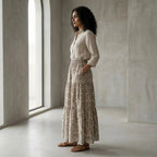 Olive Green Floral Block Print Cotton Elasticated Maxi Tier Skirt