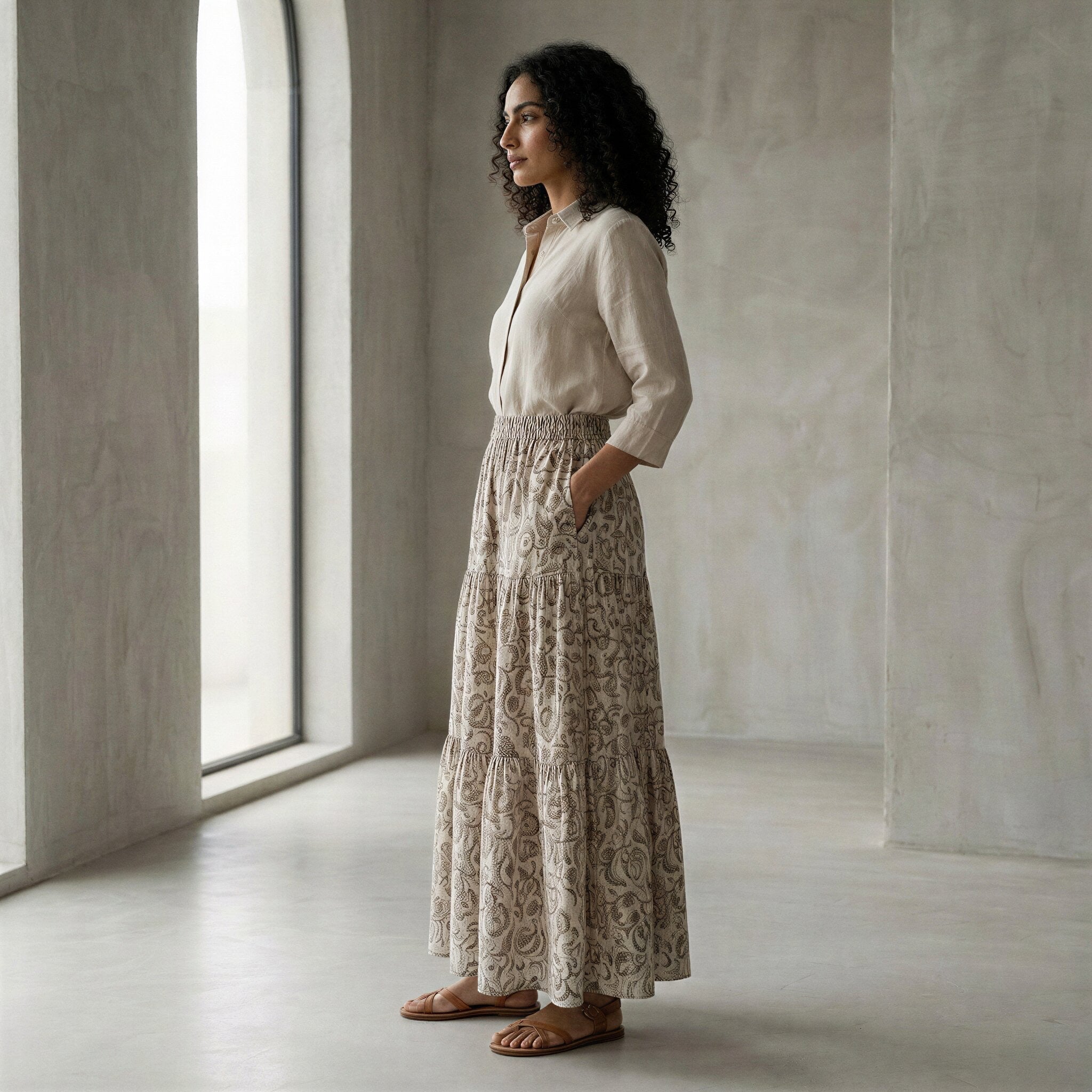 Olive Green Floral Block Print Cotton Elasticated Maxi Tier Skirt