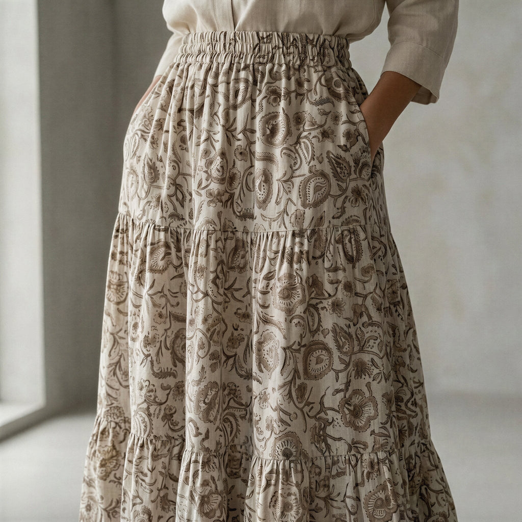 Olive Green Floral Block Print Cotton Elasticated Maxi Tier Skirt