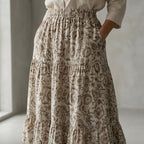 Olive Green Floral Block Print Cotton Elasticated Maxi Tier Skirt