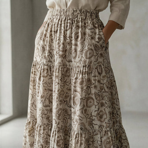 Olive Green Floral Block Print Cotton Elasticated Maxi Tier Skirt