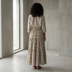 Olive Green Floral Block Print Cotton Elasticated Maxi Tier Skirt