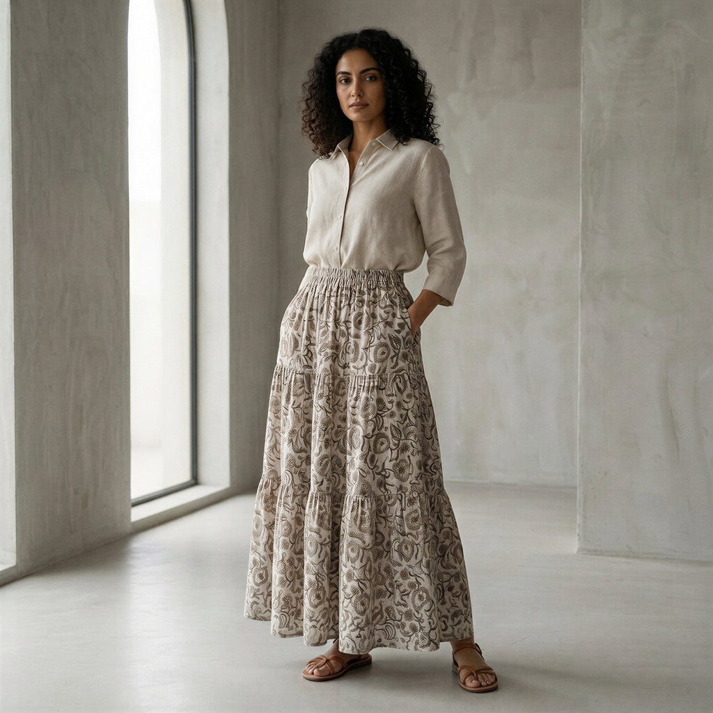 Olive Green Floral Block Print Cotton Elasticated Maxi Tier Skirt