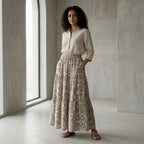 Olive Green Floral Block Print Cotton Elasticated Maxi Tier Skirt