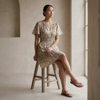 Olive Green Floral Block Print Cotton Elasticated Short Tier Dress