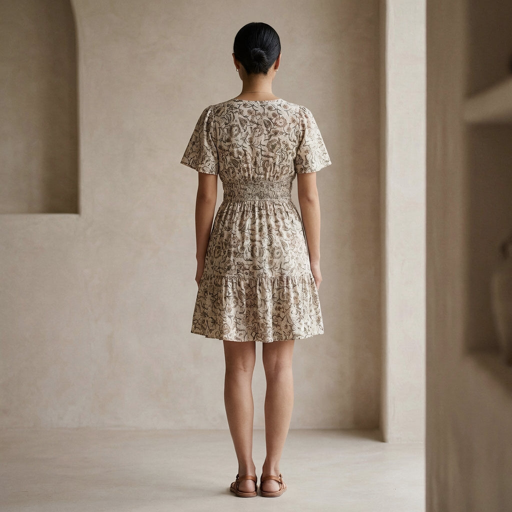 Olive Green Floral Block Print Cotton Elasticated Short Tier Dress