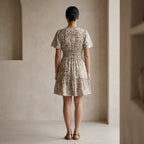 Olive Green Floral Block Print Cotton Elasticated Short Tier Dress