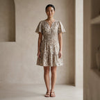 Olive Green Floral Block Print Cotton Elasticated Short Tier Dress