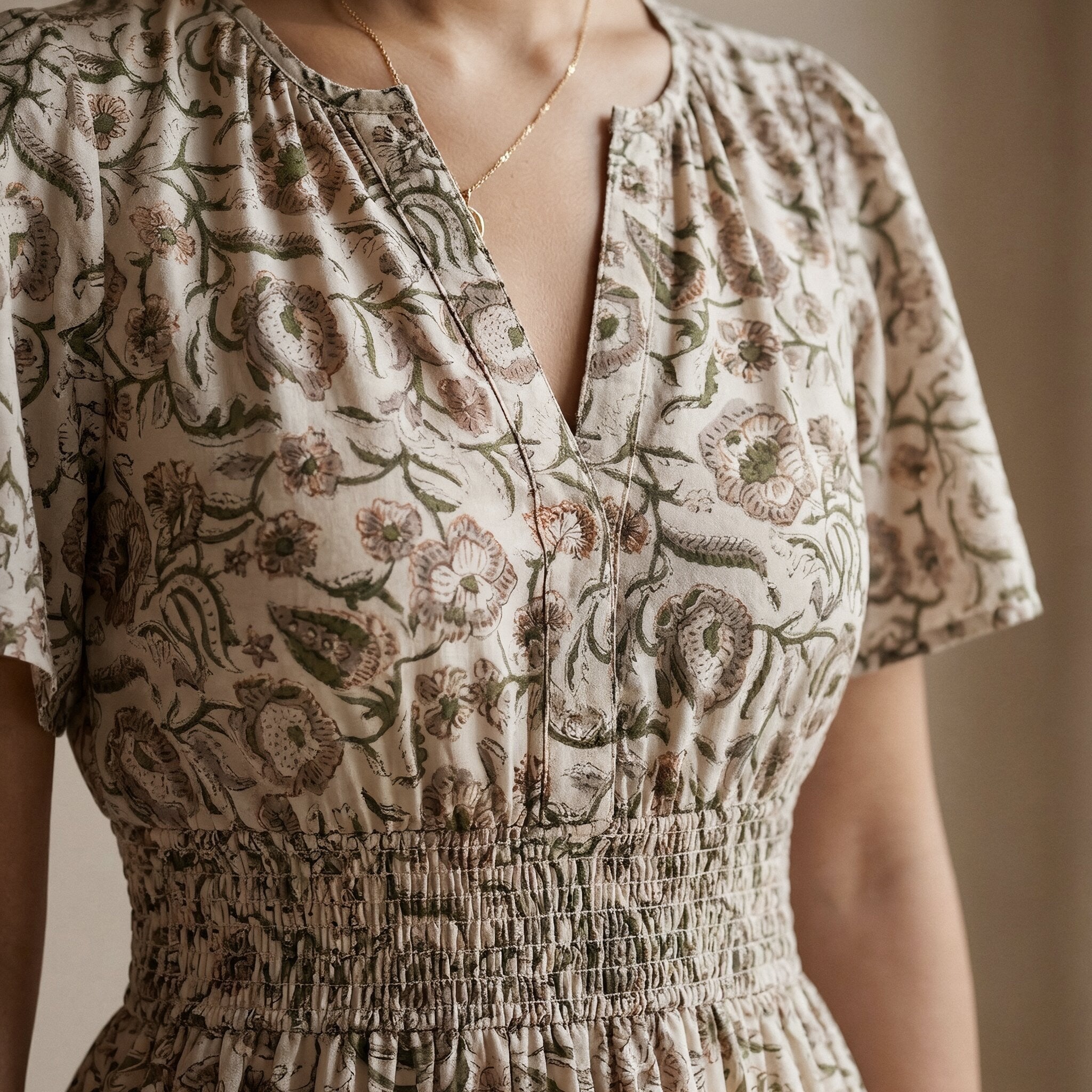 Olive Green Floral Block Print Cotton Elasticated Short Tier Dress