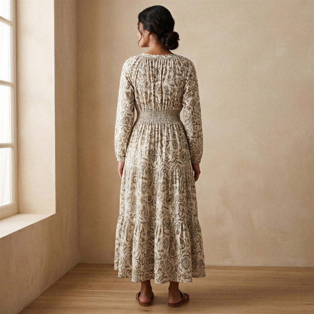 Olive Green Floral Block Print Cotton Fit and Flare Maxi Tier Dress