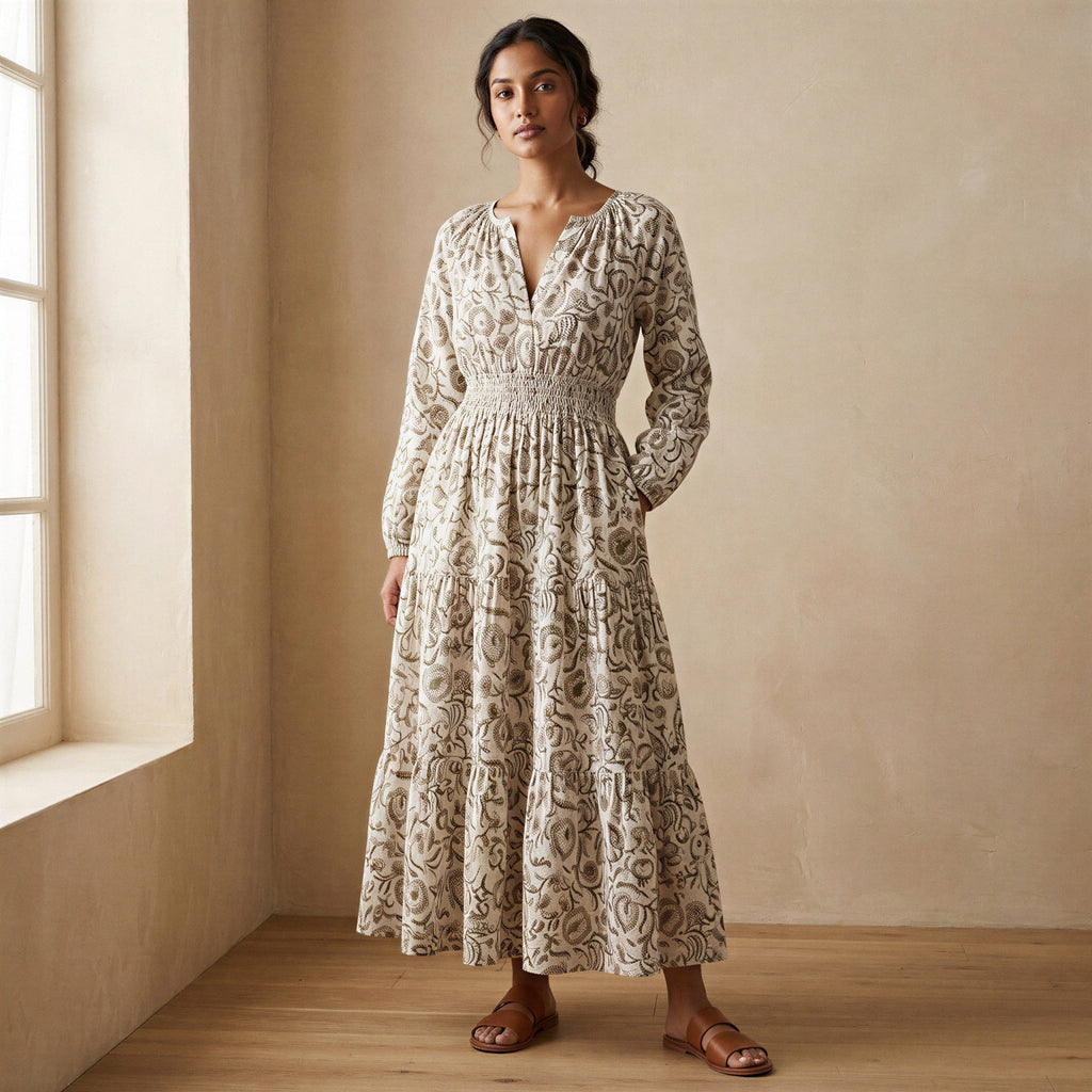 Olive Green Floral Block Print Cotton Fit and Flare Maxi Tier Dress