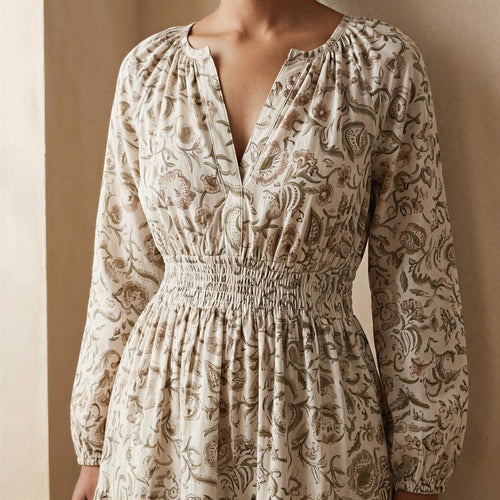 Olive Green Floral Block Print Cotton Fit and Flare Maxi Tier Dress