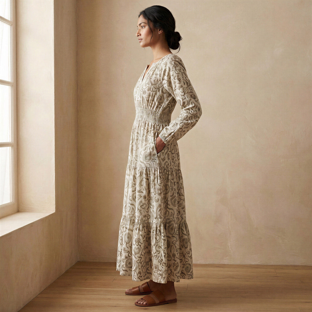 Olive Green Floral Block Print Cotton Fit and Flare Maxi Tier Dress