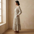 Olive Green Floral Block Print Cotton Fit and Flare Maxi Tier Dress