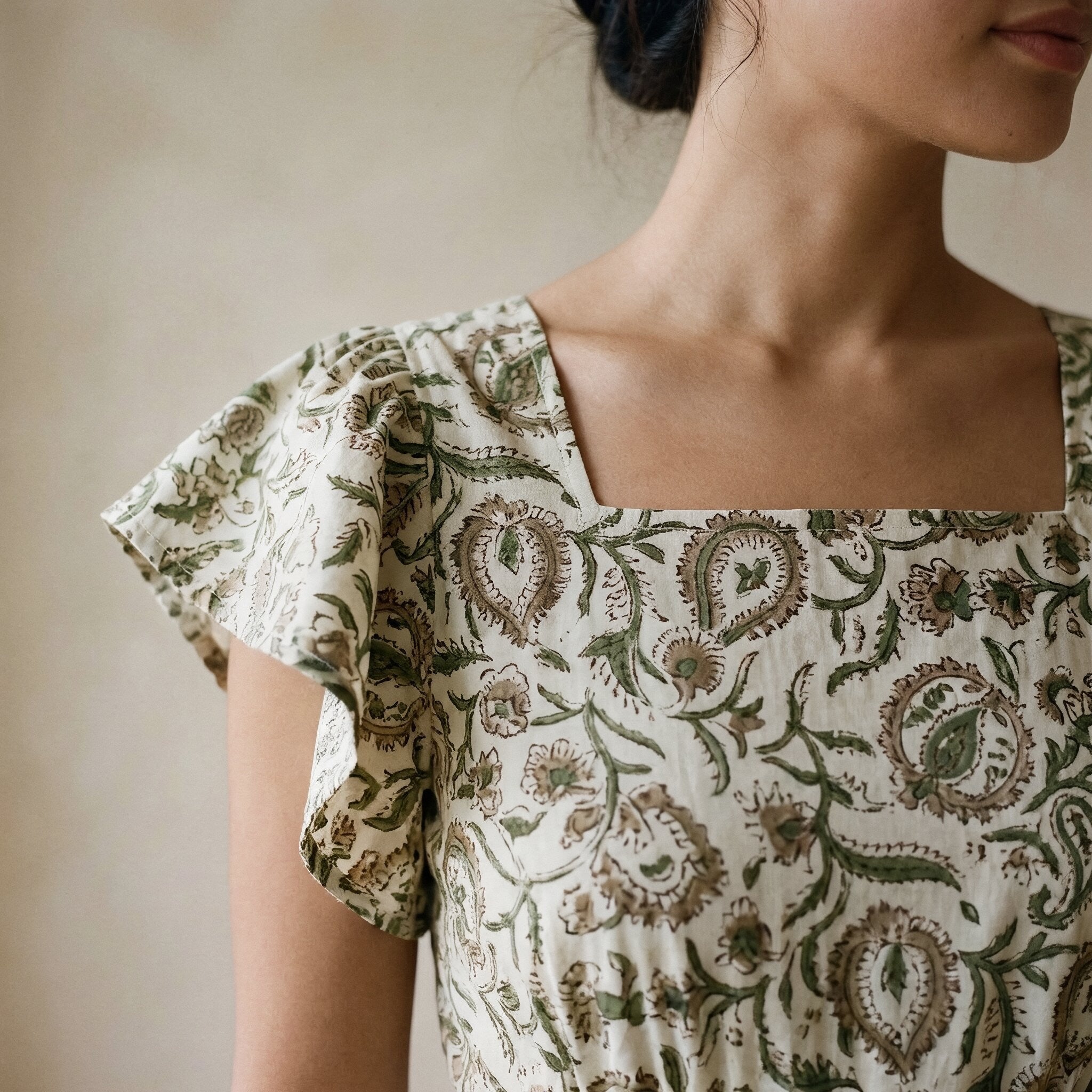 Olive Green Floral Block Print Cotton Open-Back Fit and Flare Knee Length Dress